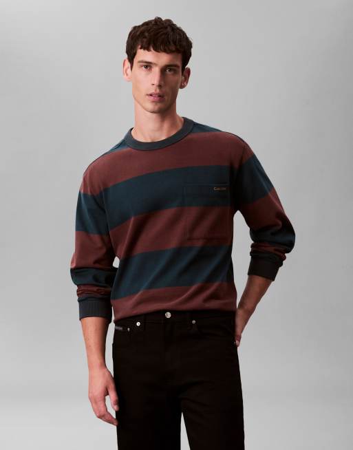 Camiseta burdeos y azul marino a rayas de manga larga de Calvin Klein Jeans