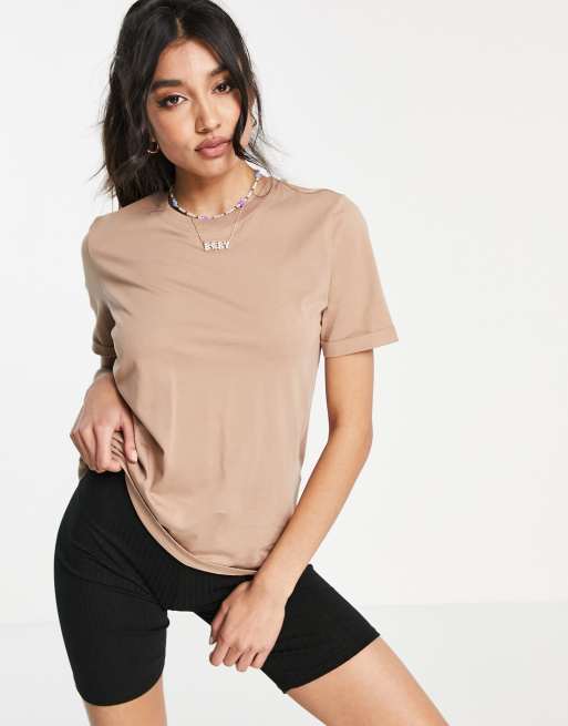 Camiseta camel de algodón de Pieces