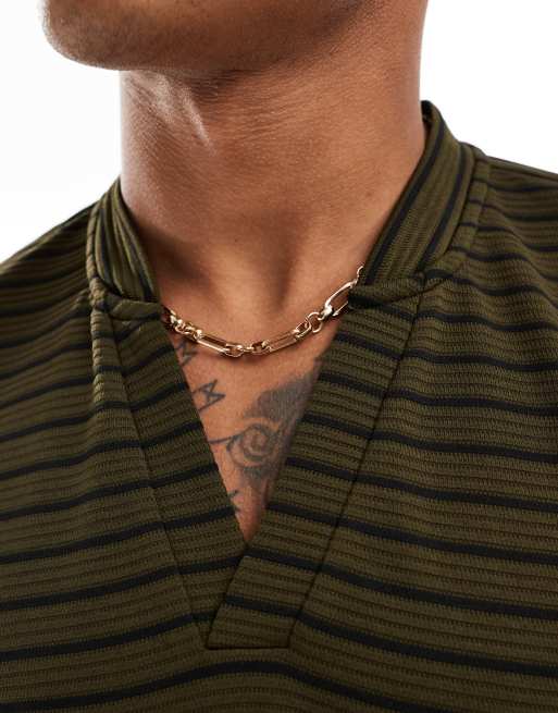 Camiseta caqui a rayas de corte cuadrado extragrande con cuello de estilo béisbol de ASOS DESIGN , 4 de 4