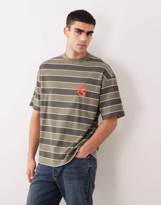 Camiseta caqui a rayas extragrande con estampado gráfico de tejido grueso de ASOS DESIGN, 2 de 5
