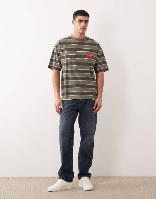 Camiseta caqui a rayas extragrande con estampado gráfico de tejido grueso de ASOS DESIGN, 4 de 5
