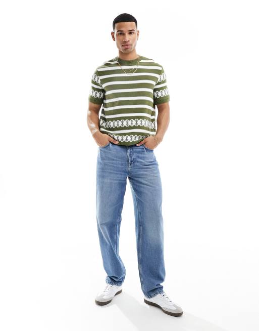 Camiseta caqui a rayas holgada con ribetes y cuello redondo de punto de ASOS DESIGN, 3 de 4