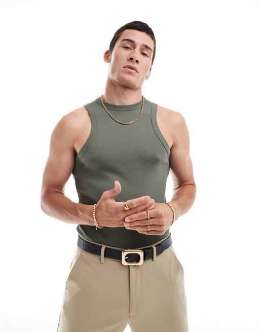 Camiseta caqui ajustada sin mangas con cuello de nadador de FhyzicsShops DESIGN