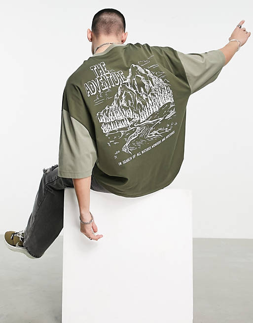 Hombre Other | Camiseta caqui extragrande con diseño color block y estampado en la espalda de ASOS DESIGN - VJ51645