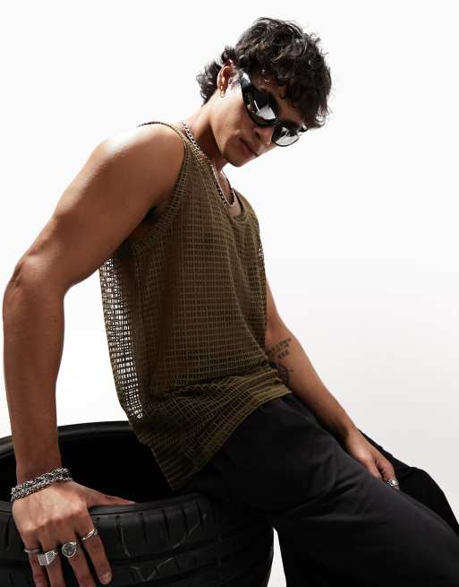Camiseta caqui holgada sin mangas con cuello ancho de malla calada de ASOS DESIGN 