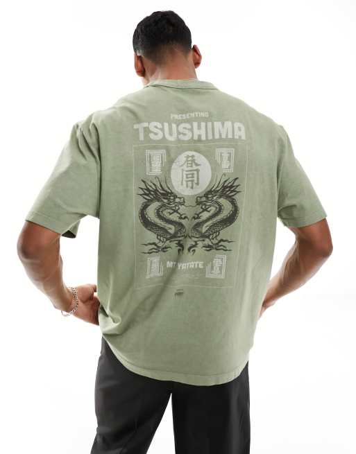 Camiseta caqui lavado extragrande con estampado de estilo sukajan en la espalda premium de ASOS DESIGN