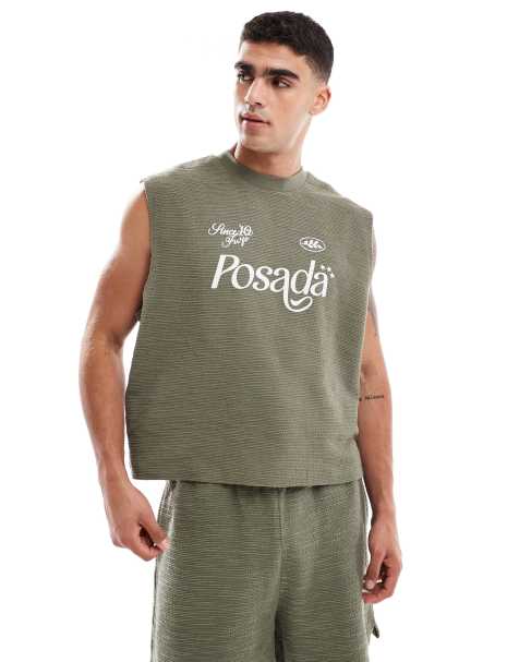 Camiseta caqui sin mangas de corte cuadrado extragrande con estampado gráfico de texto de tejido texturizado grueso de 290 g/m² de ASOS DESIGN (parte de un conjunto) - view 1