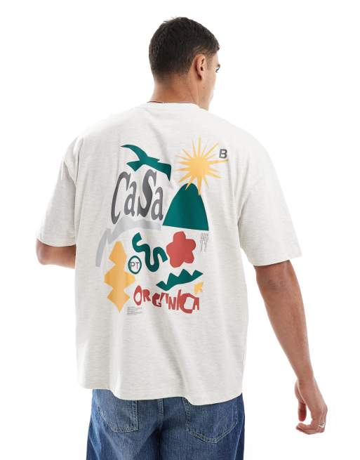 Camiseta color avena jaspeado extragrande con estampado en la espalda de ASOS DESIGN
