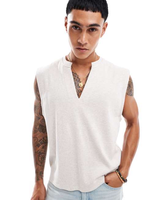 Camiseta color avena jaspeado extragrande sin mangas con cuello de pico de ASOS DESIGN