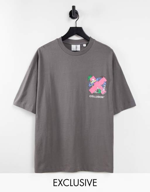 Camiseta color carbón extragrande con estampado de esqueleto y logo de algodón orgánico de COLLUSION Unisex