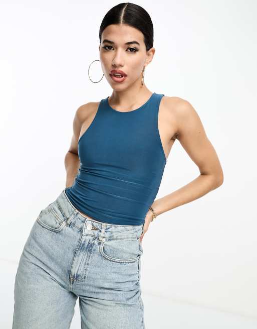 Camiseta color cerceta sin mangas con espalda de nadadora de doble capa de ASOS DESIGN