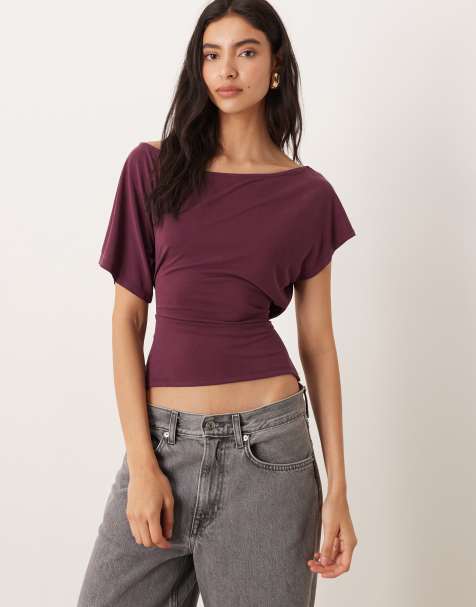 Camiseta color ciruela con hombro caído y detalle de lazada en la cintura de modal de ASOS DESIGN - view 1