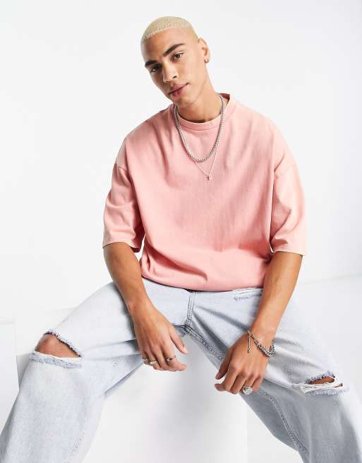 Camiseta color coral extragrande con lavado ácido de tejido grueso de ASOS DESIGN