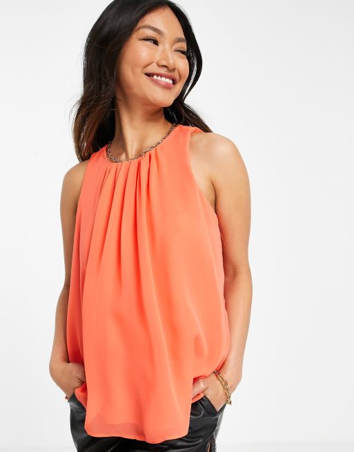 Camiseta color coral luminoso sin mangas con vuelo de chifón de ASOS DESIGN