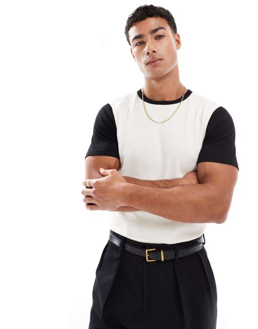 Camiseta color crema ajustada y acanalada con mangas en contraste de ASOS DESIGN