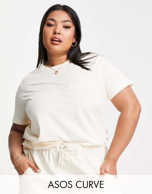 Camiseta color crema con cuello redondo de mezcla de algodón Ultimate de ASOS DESIGN Curve - CREAM