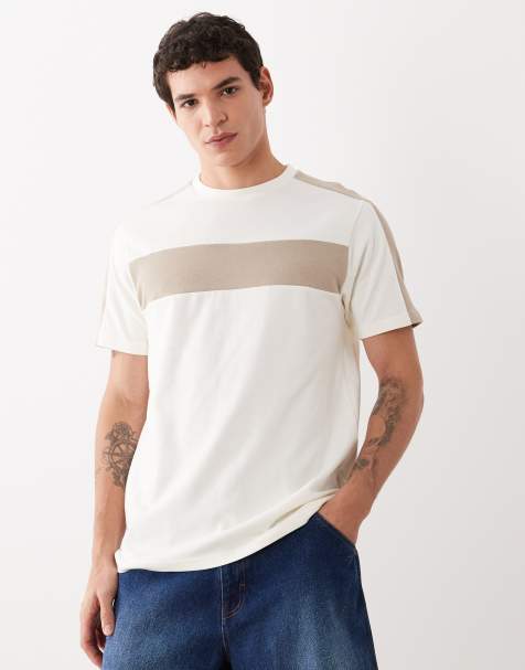Camiseta color crema con cuello redondo y panel en contraste de tejido grueso de ASOS DESIGN - view 1