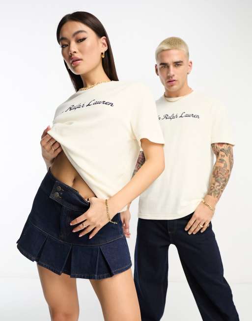 Camiseta color crema con logo de texto en el pecho de felpa de rizo de la colaboración exclusiva de Polo Ralph Lauren x ASOS