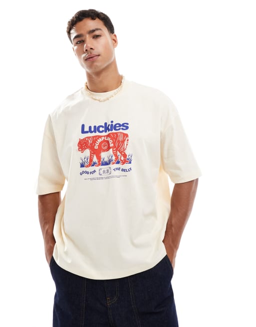 Camiseta color crema de corte cuadrado extragrande con estampado de estilo sukajan de ASOS DESIGN