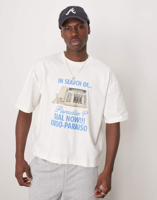 Camiseta color crema de corte cuadrado extragrande con estampado gráfico de dibujo de ASOS DESIGN