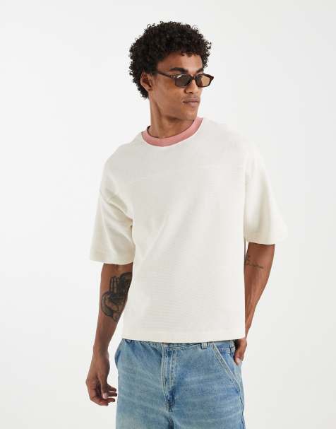 Camiseta color crema de corte cuadrado extragrande con ribete en contraste de punto gofrado de ASOS DESIGN - view 1