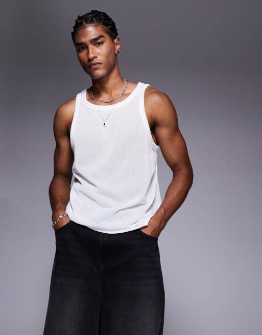 Camiseta color crema de tirantes con cuello redondo en contraste de tejido texturizado de ASOS DESIGN