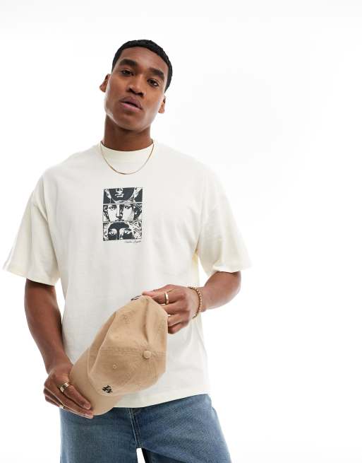 Camiseta color crema extragrande con estampado de estatua en el pecho de Selected Homme