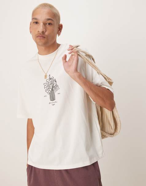 Camiseta color crema extragrande con estampado de jarrón en el pecho de Selected Homme - view 1