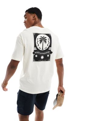 Camiseta color crema extragrande con estampado de palmera en la espalda de Selected Homme