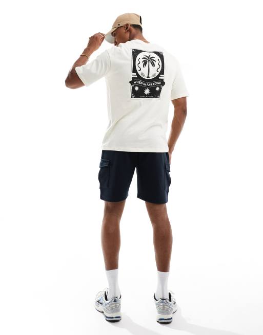 Camiseta color crema extragrande con estampado de palmera en la espalda de Selected Homme, 2 de 4