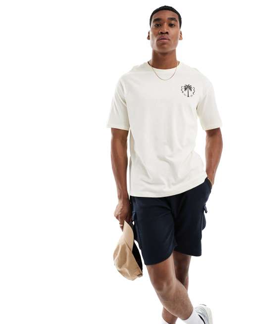 Camiseta color crema extragrande con estampado de palmera en la espalda de Selected Homme, 3 de 4