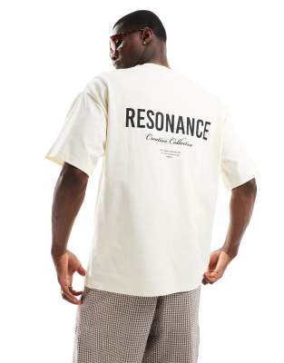 Camiseta color crema extragrande con estampado de texto en la espalda de tejido grueso de Selected Homme