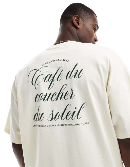 Camiseta color crema extragrande con estampado en la espalda de texto de tejido grueso de Selected Homme