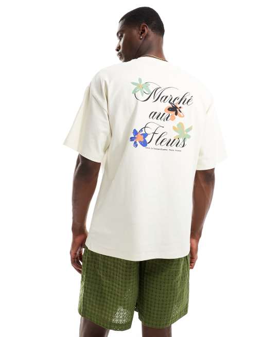 Camiseta color crema extragrande con estampado floral en la espalda de tejido grueso de Selected Homme
