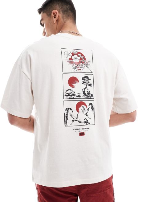 Camiseta color crema extragrande con estampado floral japonés en la espalda de Selected Homme