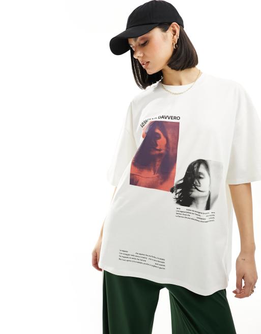 Camiseta color crema extragrande con estampado fotográfico 