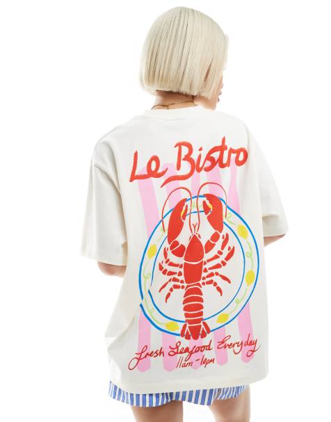 Camiseta color crema extragrande con estampado gráfico de langosta en la espalda de ASOS DESIGN - view 1