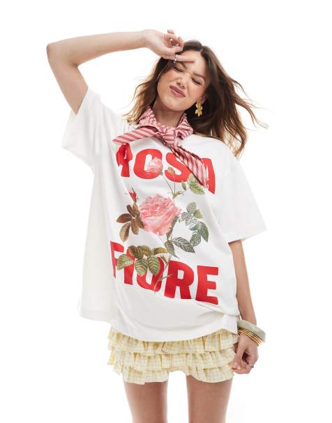 Camiseta color crema extragrande con estampado gráfico "Rosa Fiore" de ASOS DESIGN - view 1