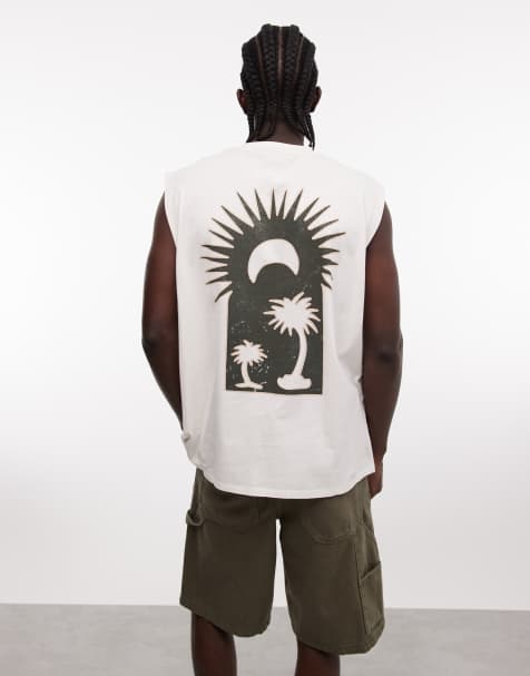 Camiseta color crema extragrande sin mangas con estampado de palmeras de ASOS DESIGN - view 1