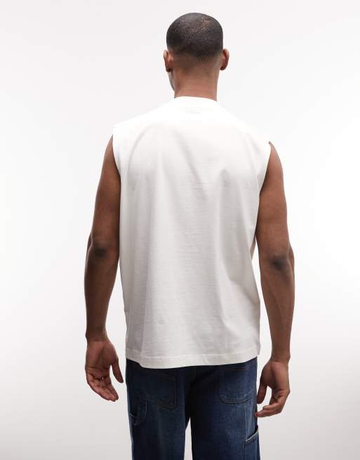 Camiseta color crema extragrande sin mangas con estampado gráfico de texto de ASOS DESIGN, 3 de 5