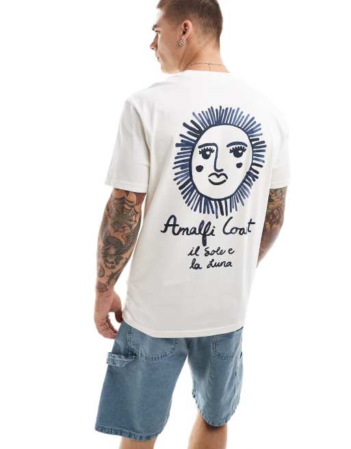 Camiseta color crema holgada con estampado a mano en el pecho y la espalda 