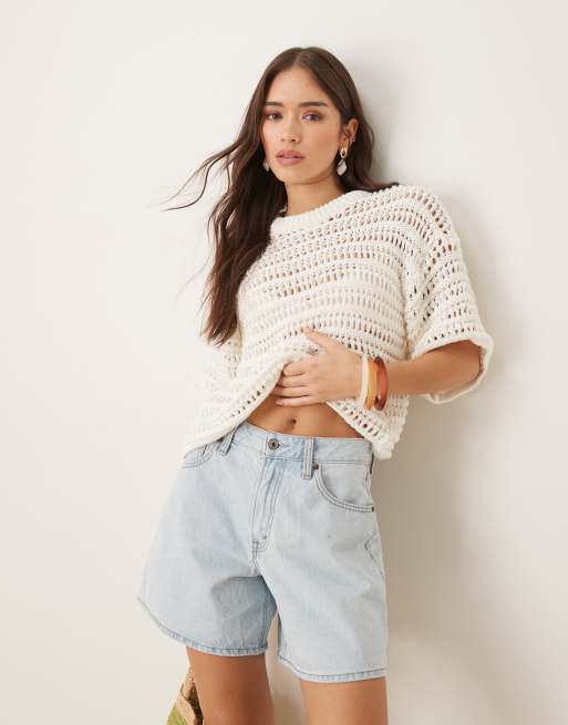 Camiseta color crema holgada de manga corta de tejido estilo croché de ASOS DESIGN