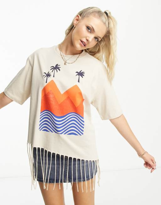 Camiseta color crudo con estampado playero y bordes desflecados de Native Youth