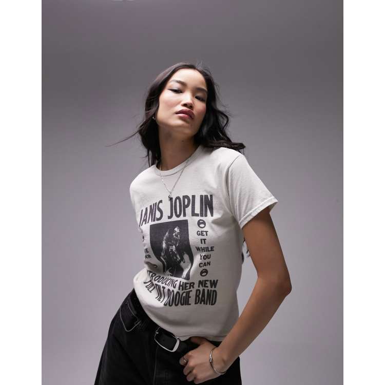 Camiseta color crudo de corte efecto encogido con estampado grafico con licencia de Janis Joplin de Topshop ASOS