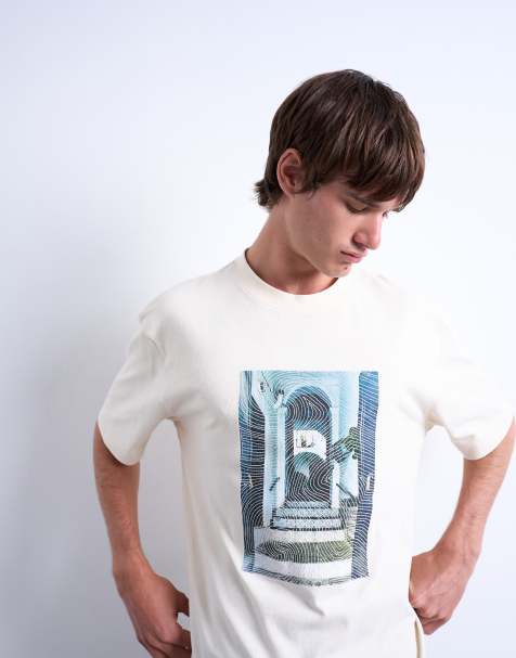 Camiseta color crudo extragrande con detalle bordado y estampado de imagen de puerta de Topman - view 1