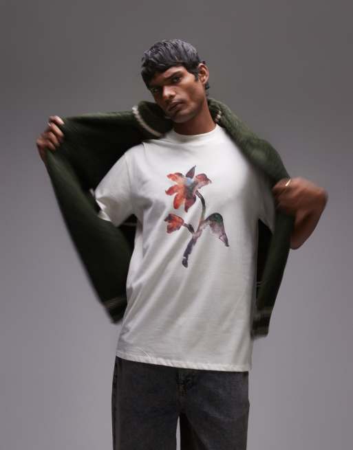Camiseta color crudo extragrande con estampado floral abstracto efecto acuarela en el pecho y la espalda premium de Topman
