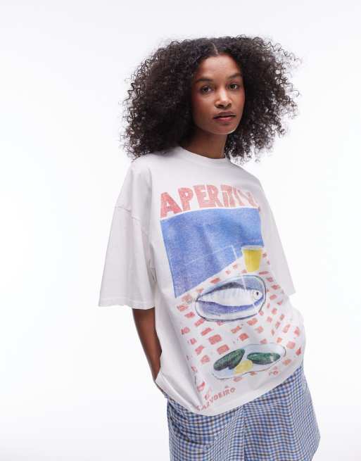 Camiseta color crudo extragrande con estampado gráfico "Aperitivo" de Topshop, 2 de 4