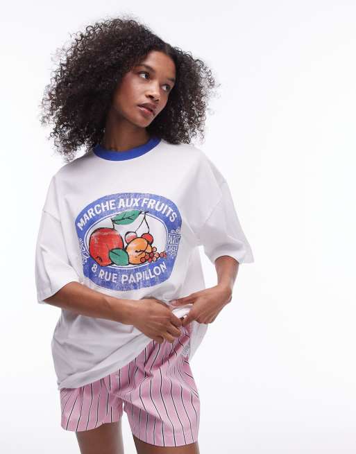 Camiseta color crudo extragrande con estampado gráfico de frutas estilo naturaleza muerta de Topshop