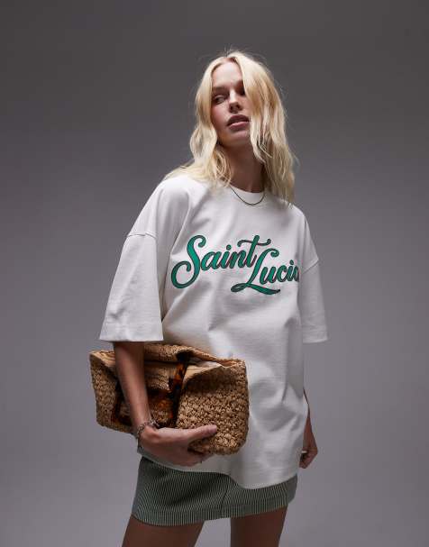 Camiseta color crudo extragrande con estampado gráfico "Saint Lucia" premium de Topshop - view 1