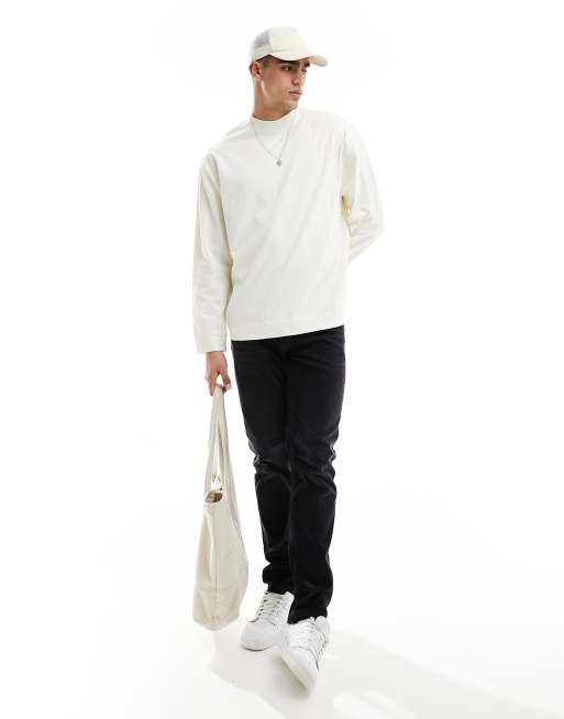 Camiseta color crudo extragrande de manga larga con cuello subido y detalle de costuras de ASOS DESIGN